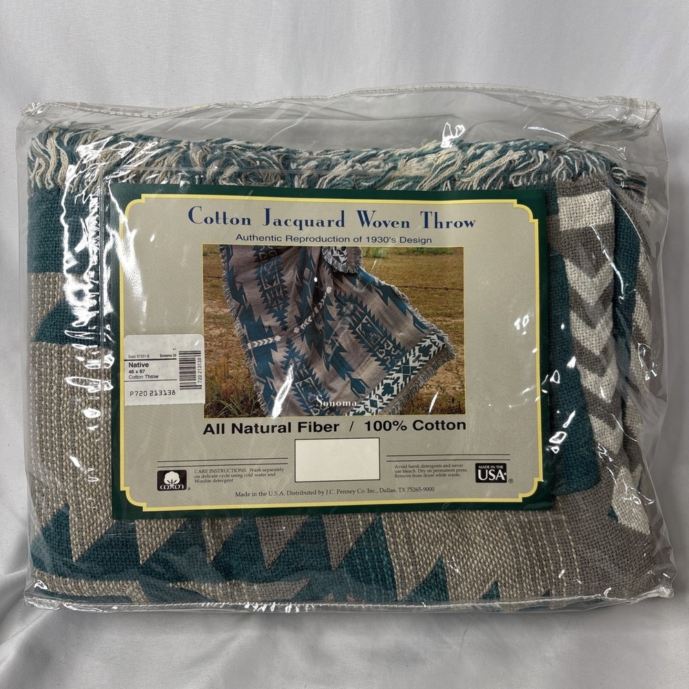 Sonoma Cotton Jacquard Woven‎ Throw NATIVE Blanket 46x67 Green Beige USA NEW